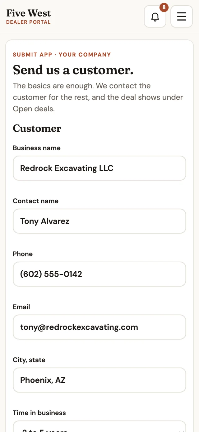 Submit App on a phone, filled in for an example customer.