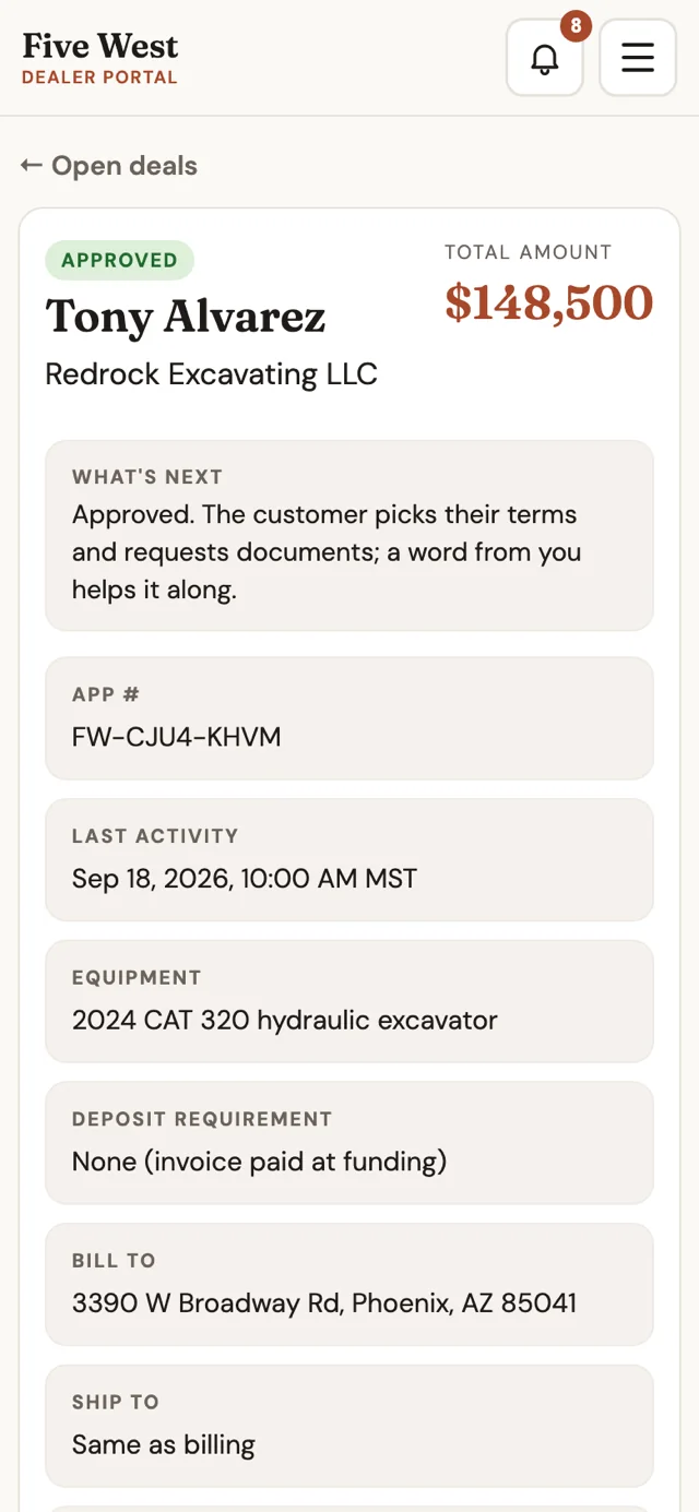 A deal page on a phone: an approved excavator deal with what happens next, the application number, the equipment and the addresses.