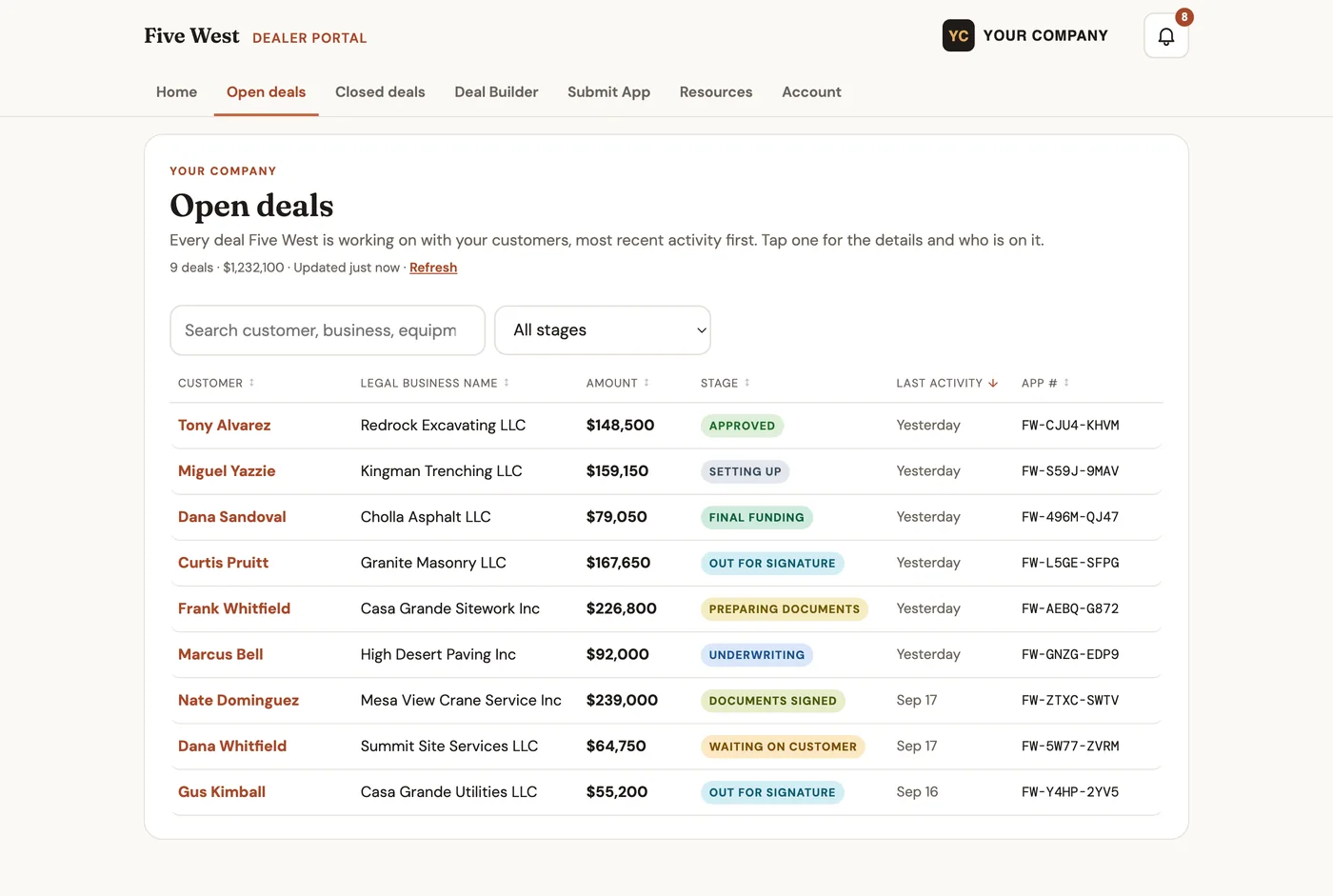 The open deals list: customer, business, amount, a color-coded stage, last activity and application number.